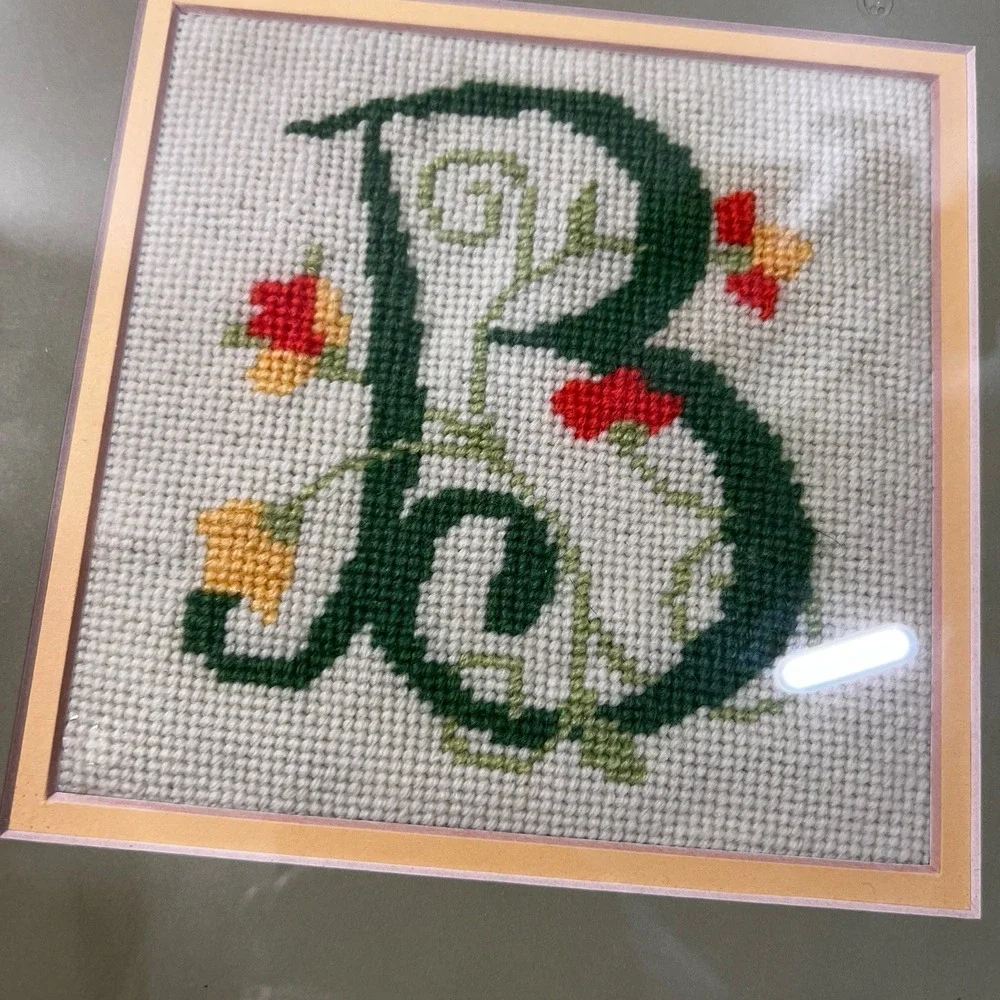 Vintage Framed Needlepoint Floral Monogram Professional Framed Sage Green Yellow
